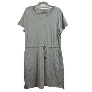 Chicos Zenergy Olive Green White Stripe Dress Size 12/14 Drawstring Waist Casual